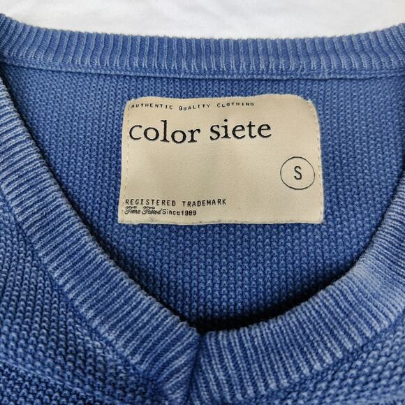 Color Siete Men's Textured Cotton V Neck Sweater Elbow Patches Blue Small - Picture 10 of 13